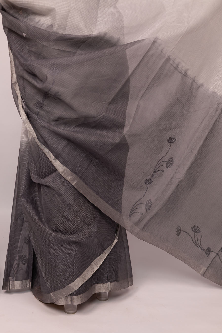 Vidushi | Fog mist Grey Kotadoriya  Cotton Chikankari Saree