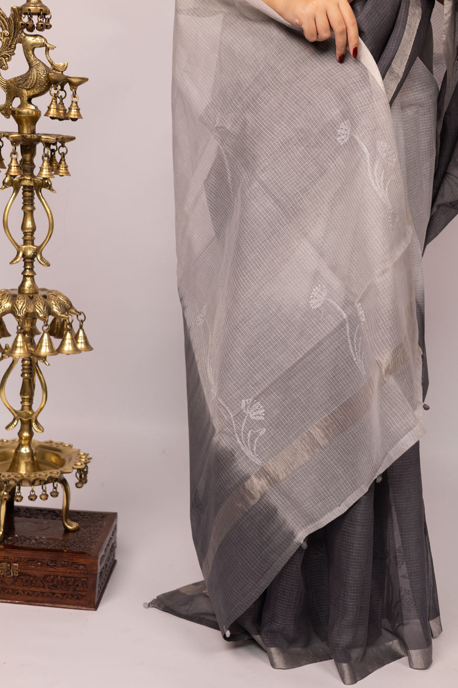 Vidushi | Fog mist Grey Kotadoriya  Cotton Chikankari Saree