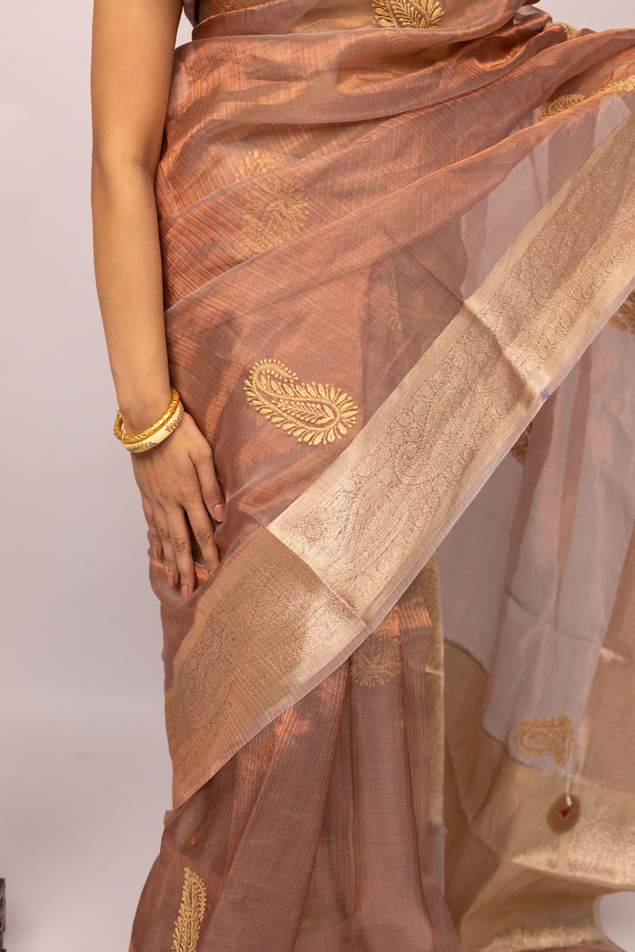 Chitralekha | Peachy Golden Benarsi Tissue Silk Chikankari Saree