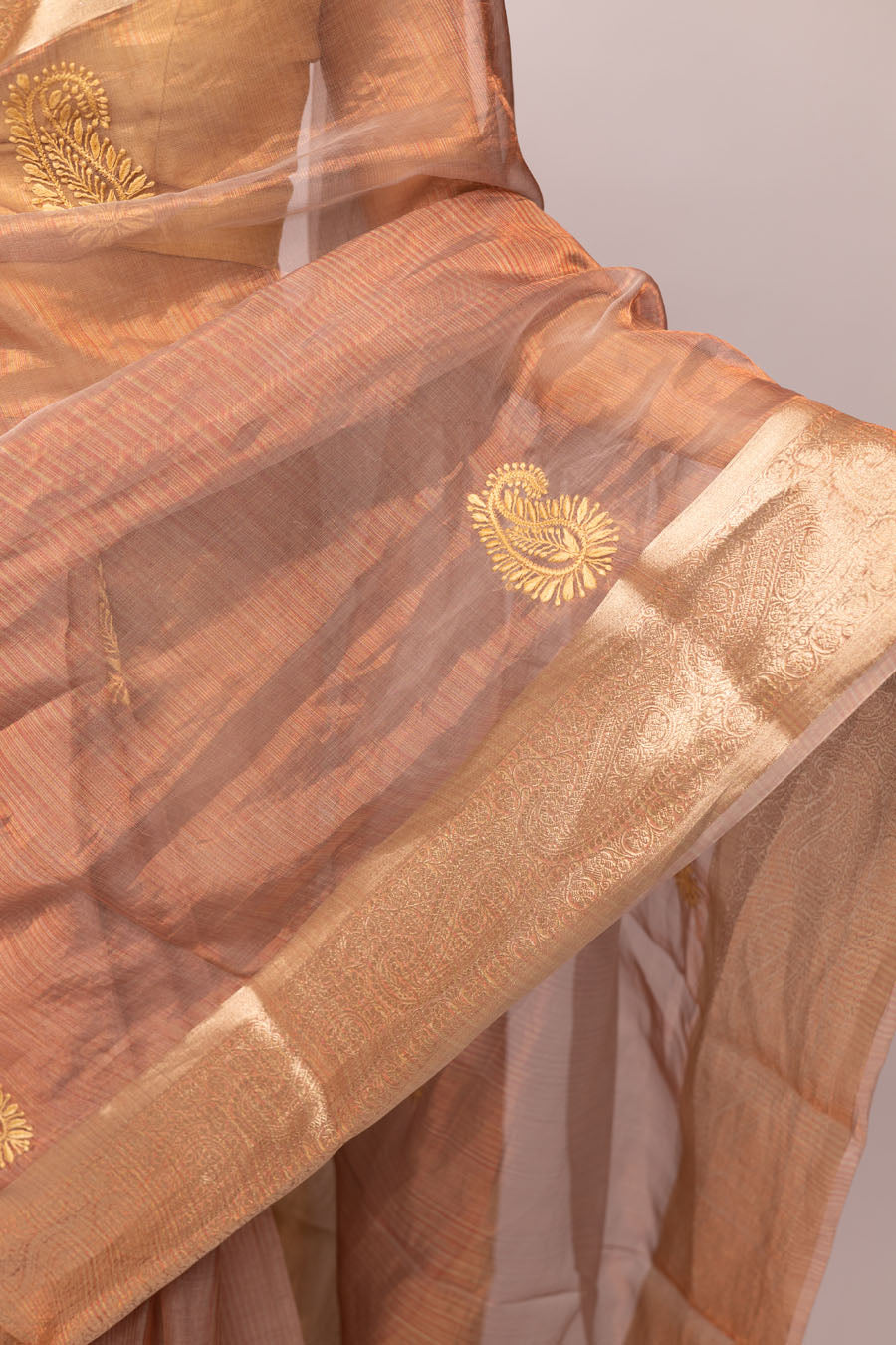 Chitralekha | Peachy Golden Benarsi Tissue Silk Chikankari Saree