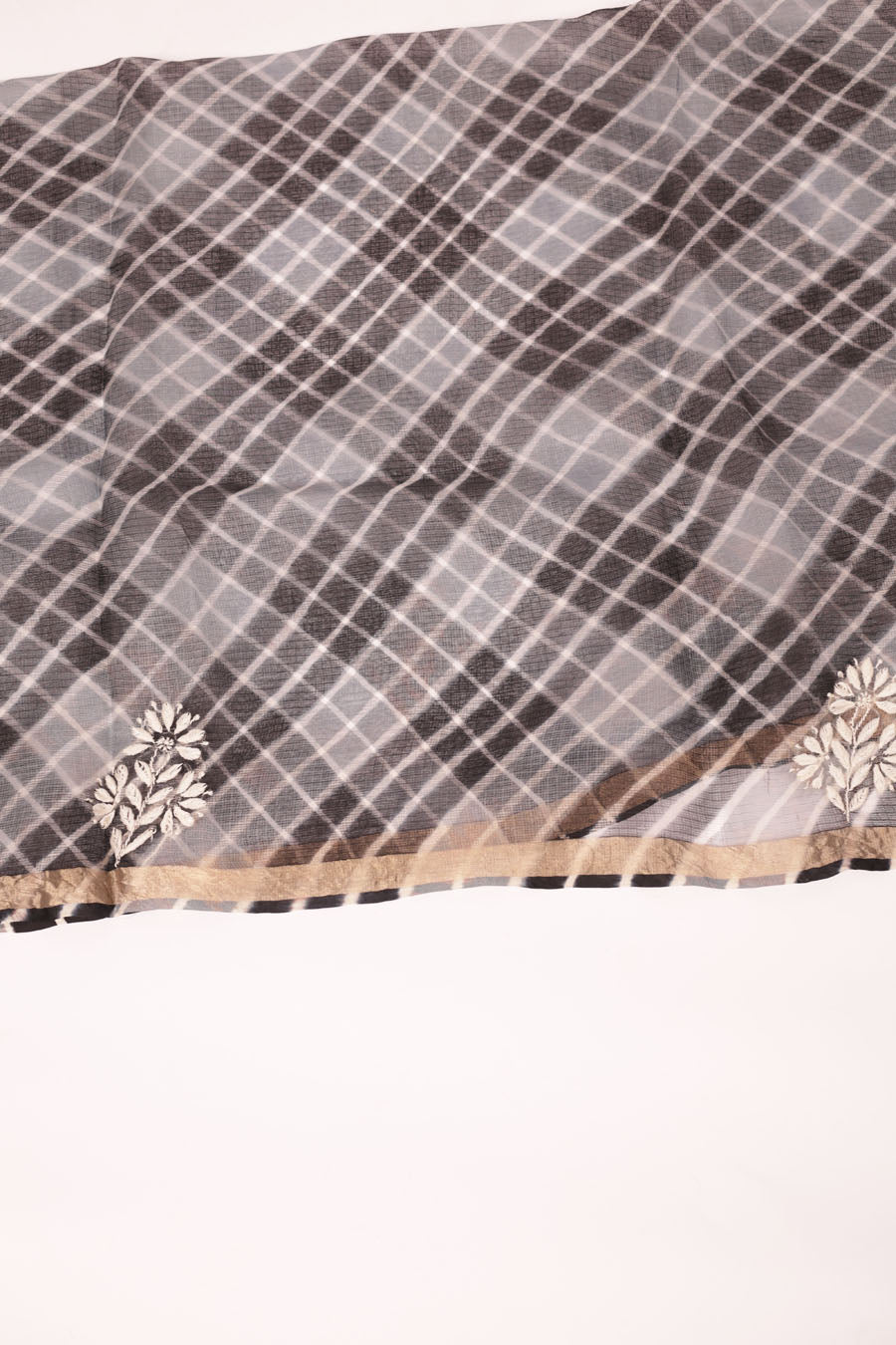 Surmayi | Midnight Black Kota silk Leheriya Chikankari Saree