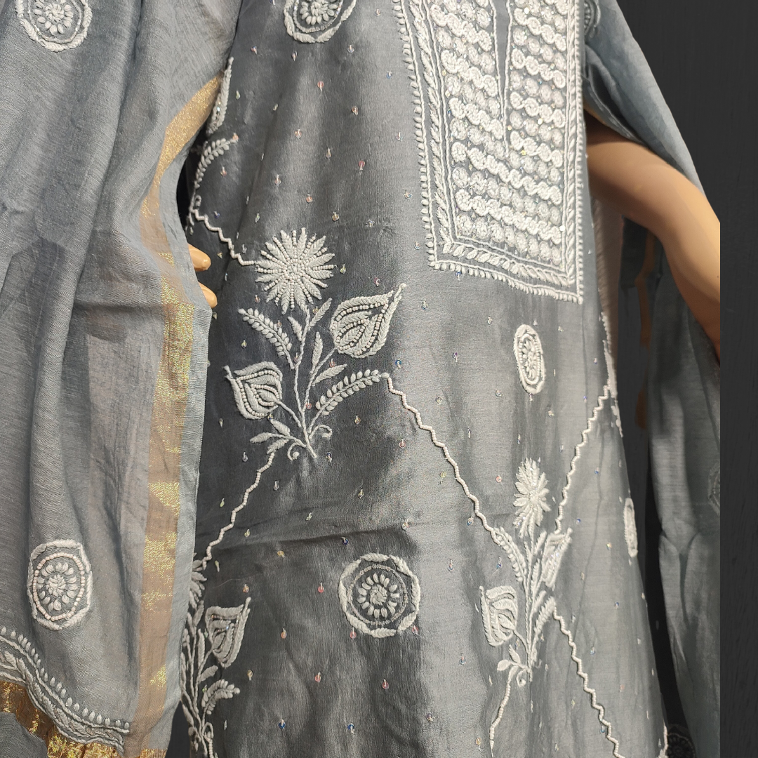 Chanderi Silk Kurta Fabric with Addons and Dupatta- Dyeable (Grey)