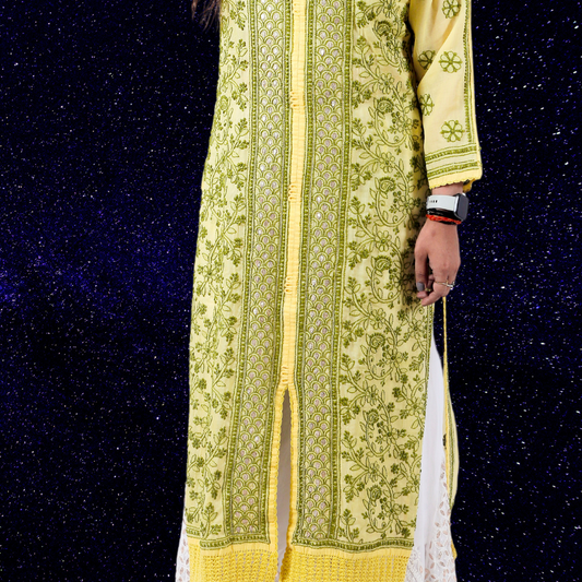 Cotton Chikankari Kurta with Gotapatti (Marigold Yellow)