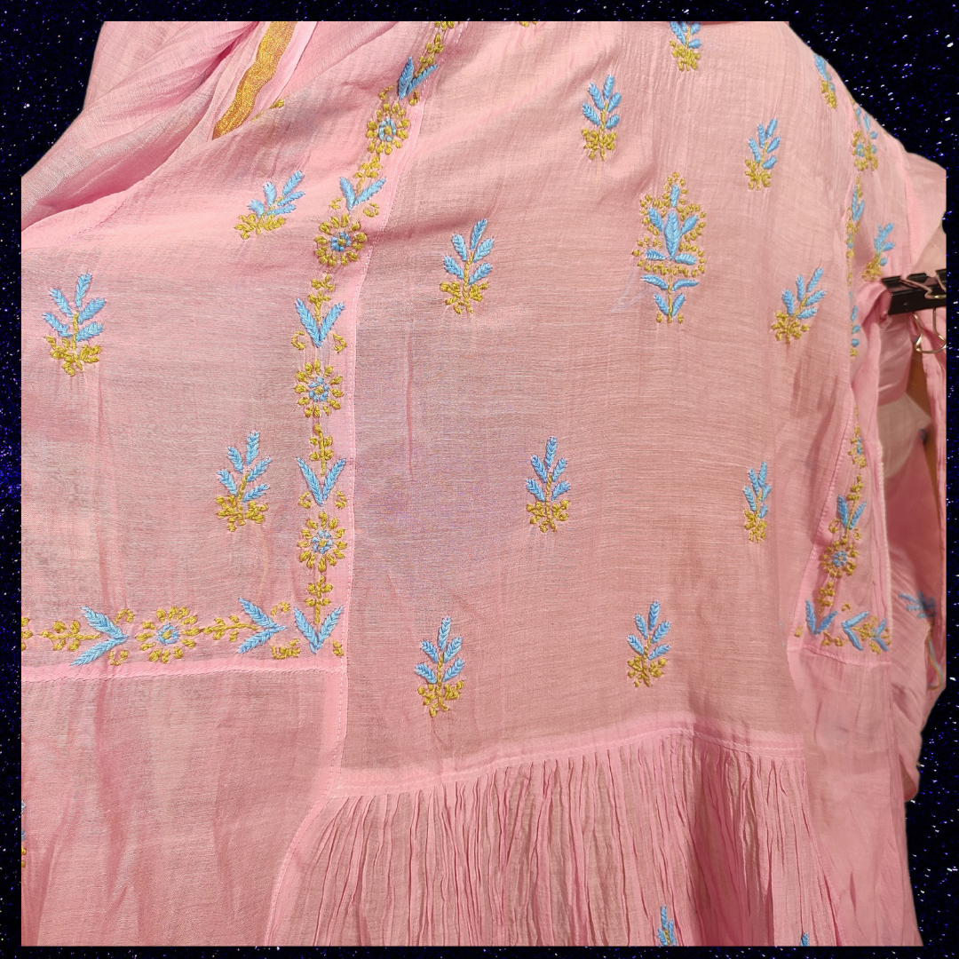 Mul Chanderi Semi Stitch Chikankari Anarkali Kurta fabric and Dupatta-Dyeable (Pink)