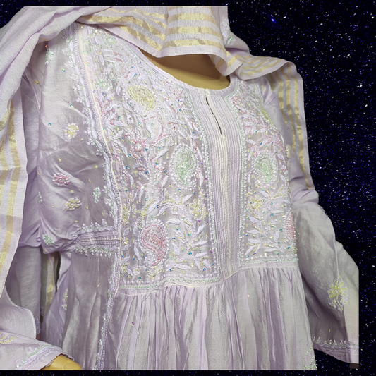 Chanderi Silk Kurta Fabric with Addons and Dupatta- Dyeable (Lavender)