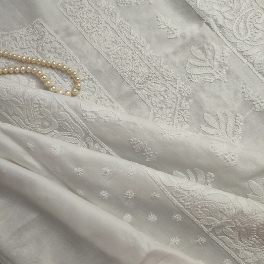 Chanderi Cotton Chikankari Kurta fabric -Dyeable (White)