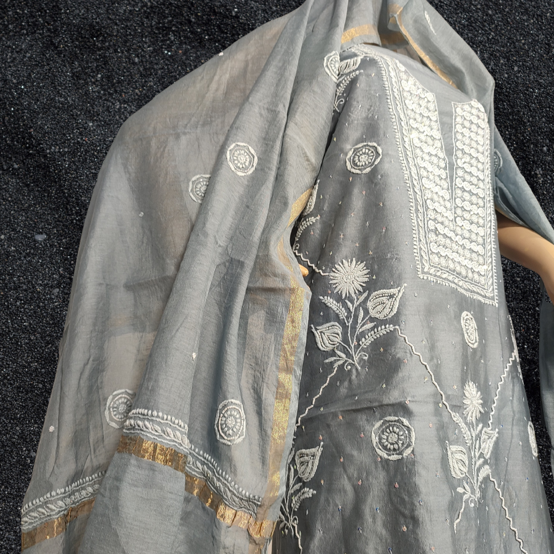 Chanderi Silk Kurta Fabric with Addons and Dupatta- Dyeable (Grey)