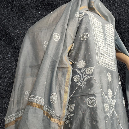 Chanderi Silk Kurta Fabric with Addons and Dupatta- Dyeable (Grey)