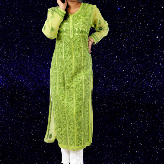 Cotton Chikankari Kurta with Sequence (Green)