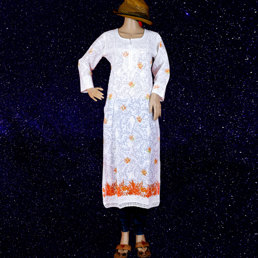 Cotton Embossed Chikankari Kurta with Orange print (White)