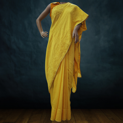 Chanderi Silk Chikankari Saree with Badla (Yellow)
