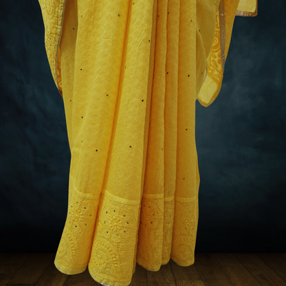 Chanderi Silk Chikankari Saree with Badla (Yellow)
