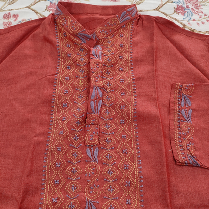 Moonga Silk Mens Chikankari Short Kurta Fabric ( Red )