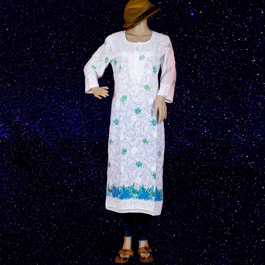 Cotton Embossed Chikankari Kurta with Blue print (White)