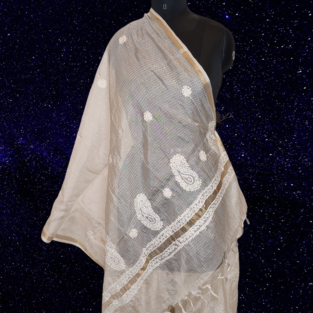 Kota Cotton Chikankari Dupatta with Badla (Dyeable)