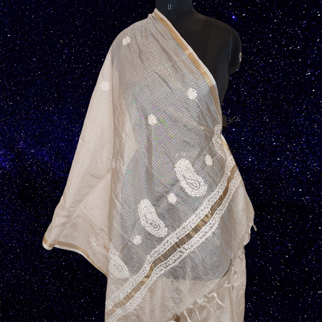 Kota Chikankari Dupatta with Badla (Dyeable)