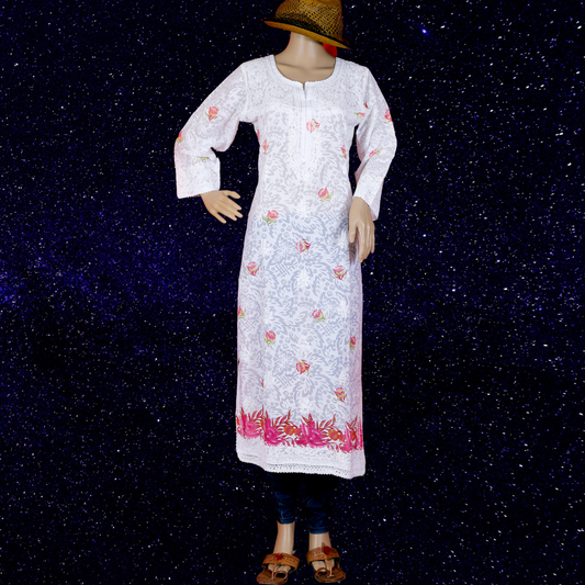 Cotton Embossed Chikankari Kurta with Pink print (White)