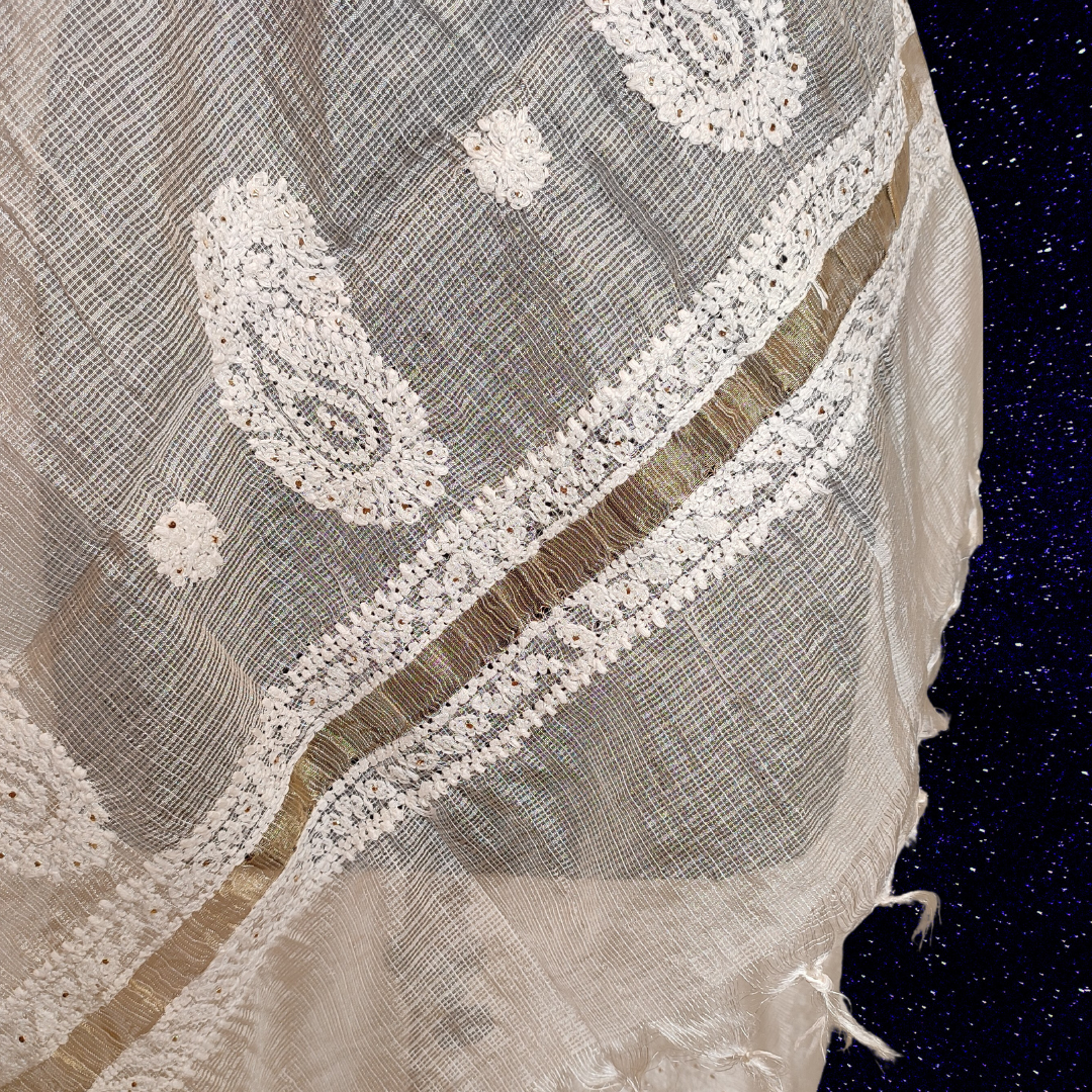 Kota Chikankari Dupatta with Badla (Dyeable)