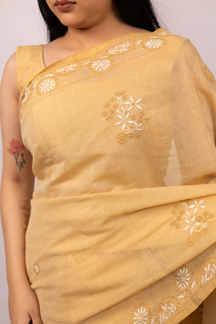 Urvashi | Desert Beige Chanderi Tissue Silk Chikankari Saree