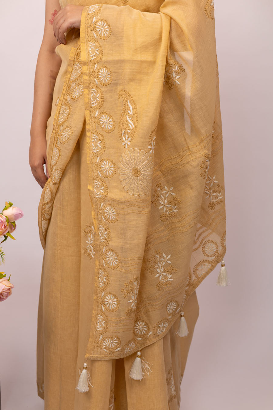 Urvashi | Desert Beige Chanderi Tissue Silk Chikankari Saree