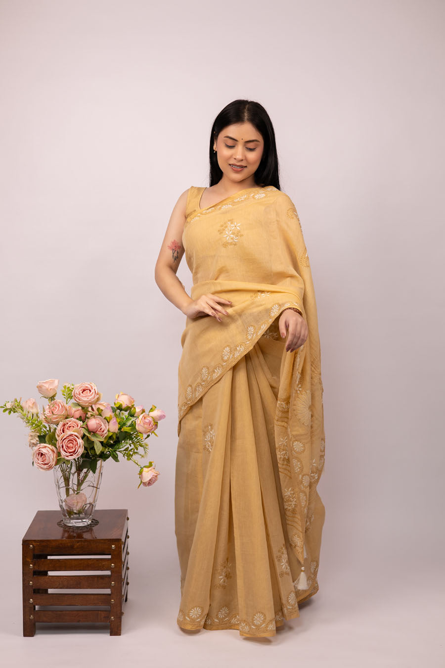 Urvashi | Desert Beige Chanderi Tissue Silk Chikankari Saree