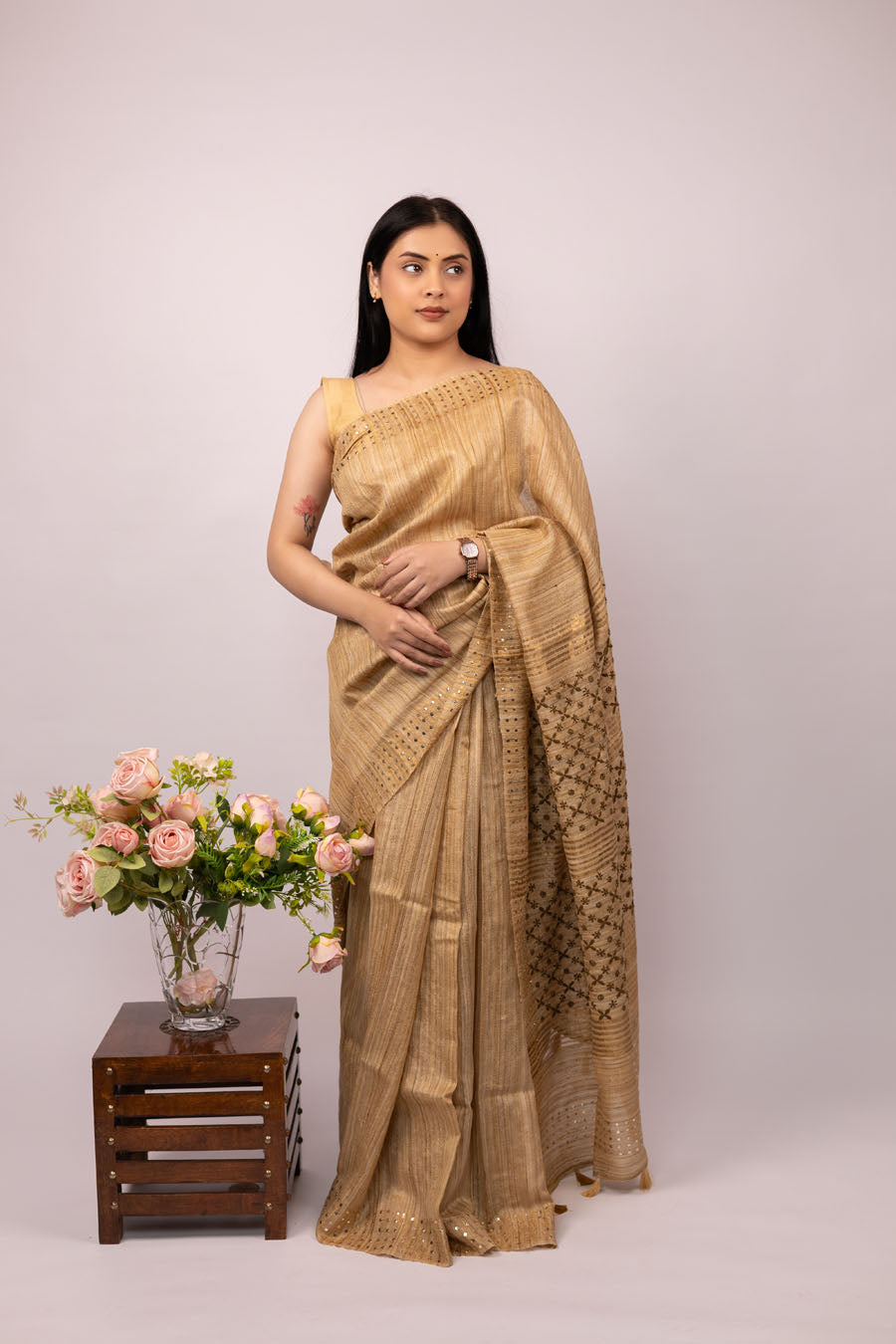Chitralekha | Latte Beige Ghicha Silk Chikankari Saree