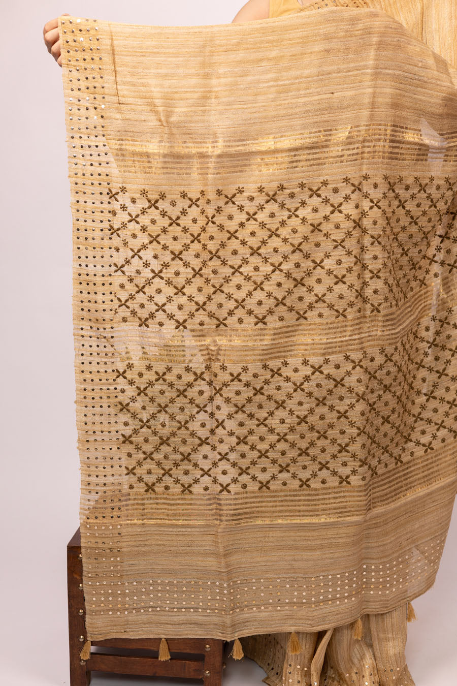 Chitralekha | Latte Beige Ghicha Silk Chikankari Saree