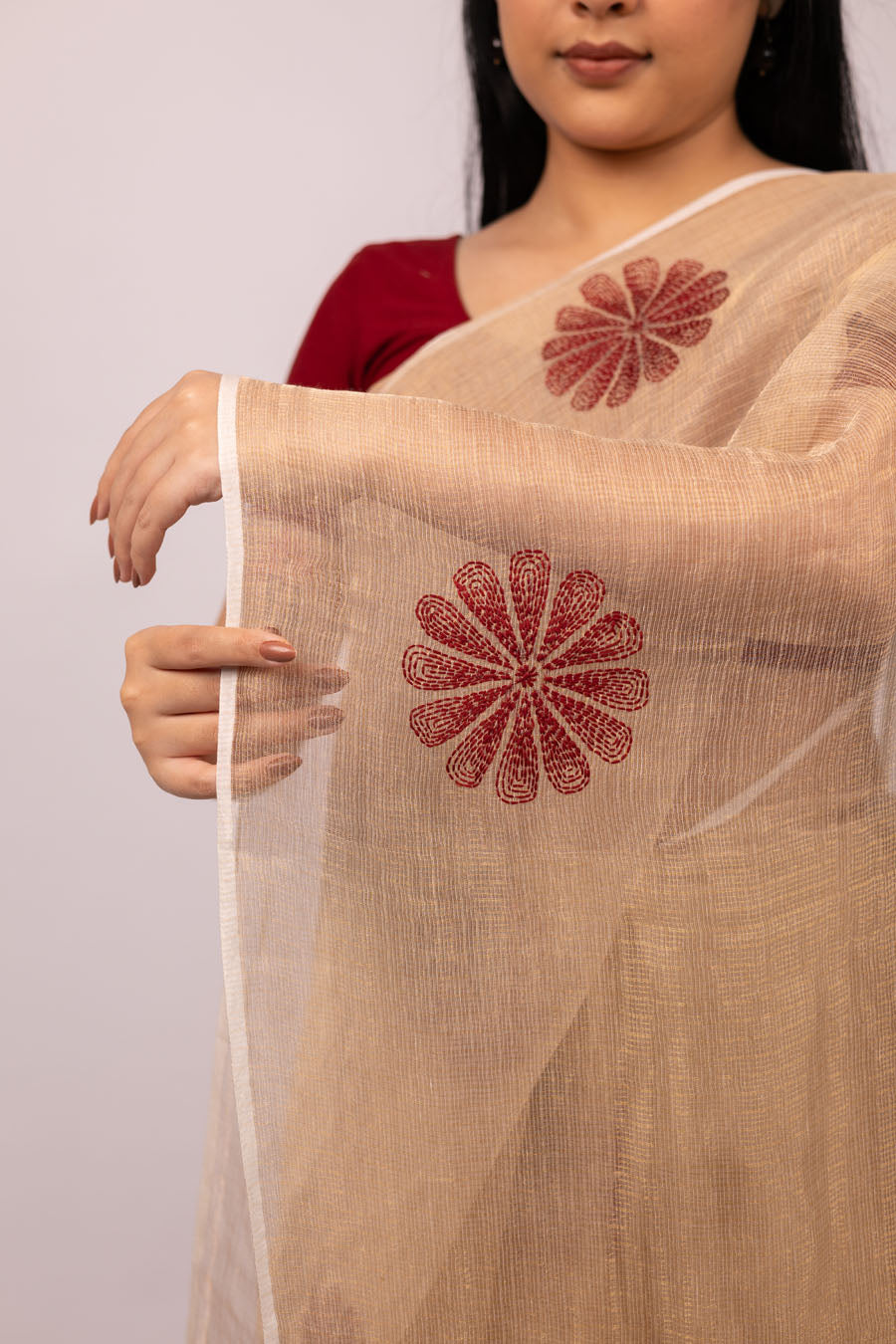 Surmayi | Almond Beige Kota Tissue Chikankari Saree