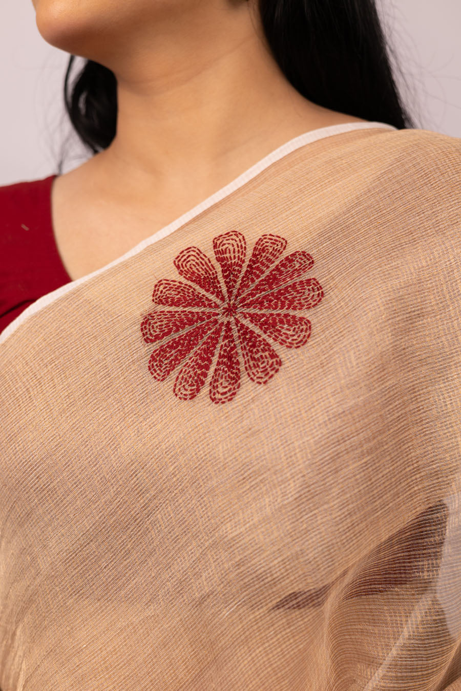 Surmayi | Almond Beige Kota Tissue Chikankari Saree