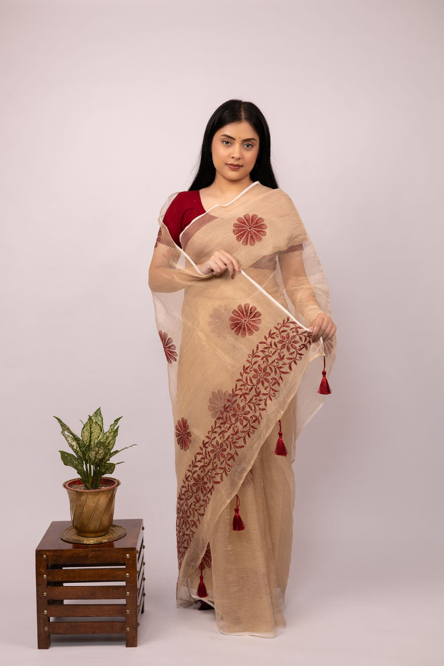 Surmayi | Almond Beige Kota Tissue Chikankari Saree