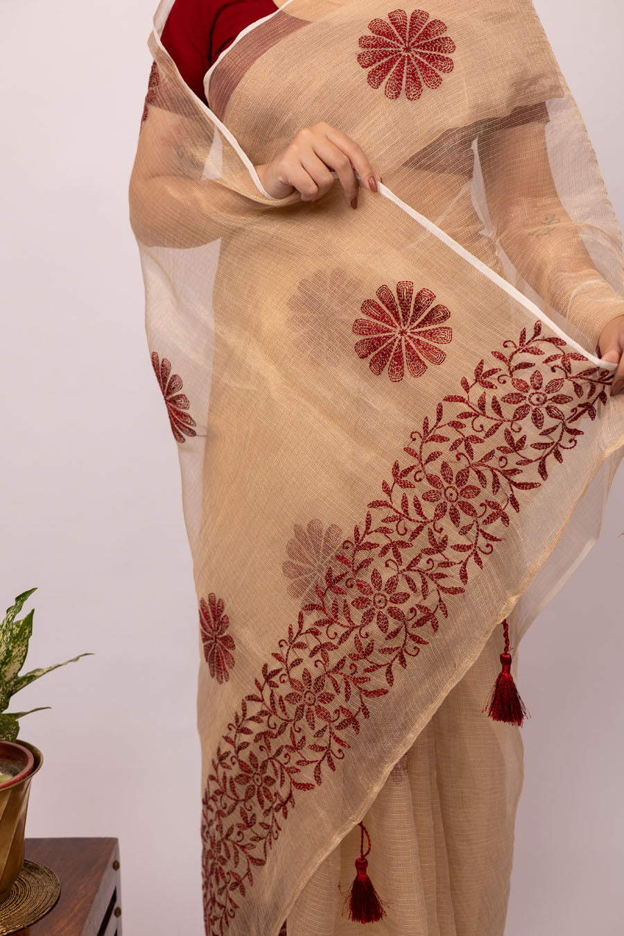 Surmayi | Almond Beige Kota Tissue Chikankari Saree