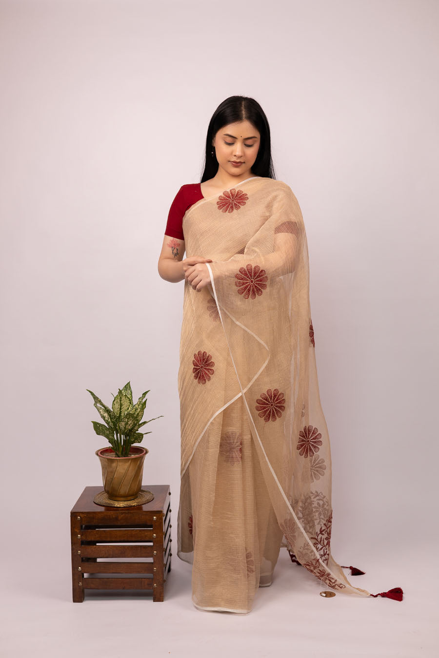 Surmayi | Almond Beige Kota Tissue Chikankari Saree