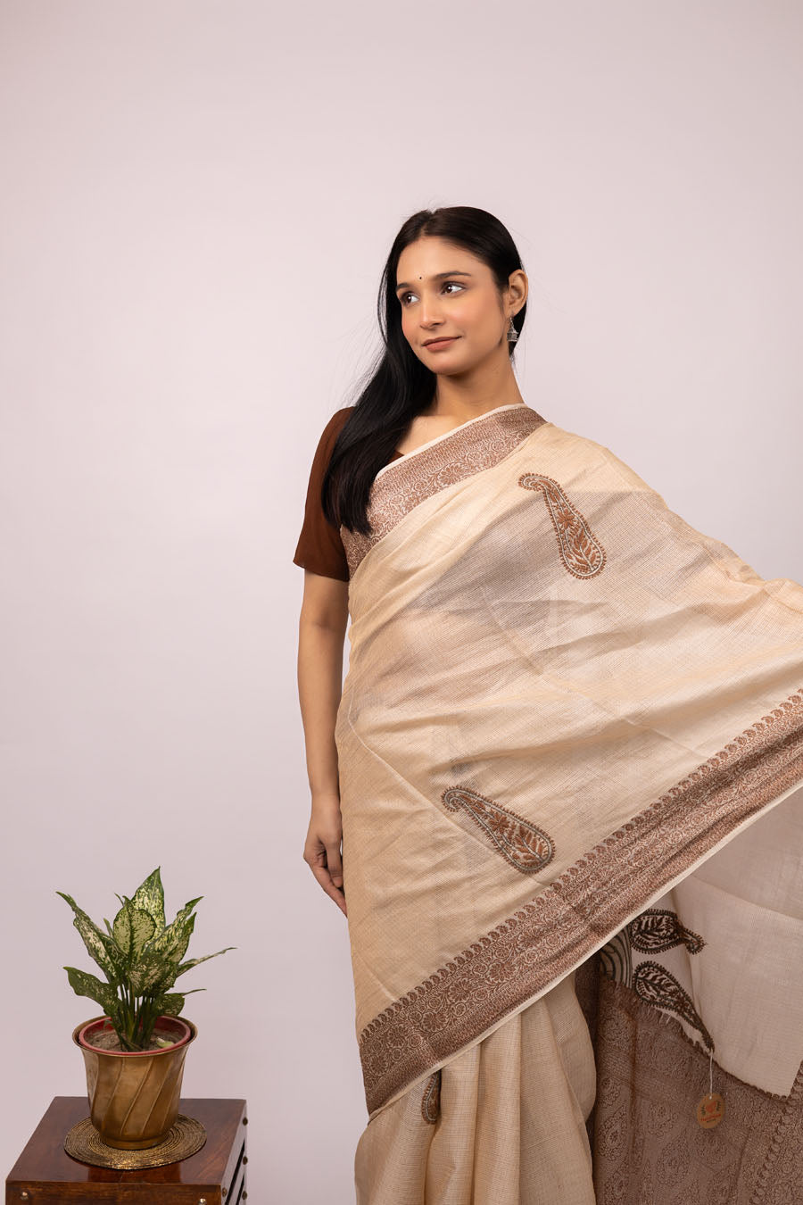 Chitralekha | Champagne Beige Tussar Silk Kota zari  Chikankari Saree