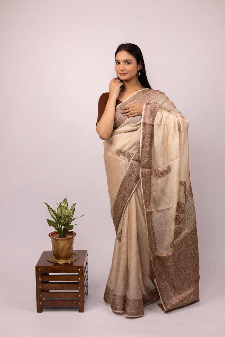 Beige Tussar Silk Kota zari weave Saree with Chikankari embroidery and Jacquard border Pallu for gatherings