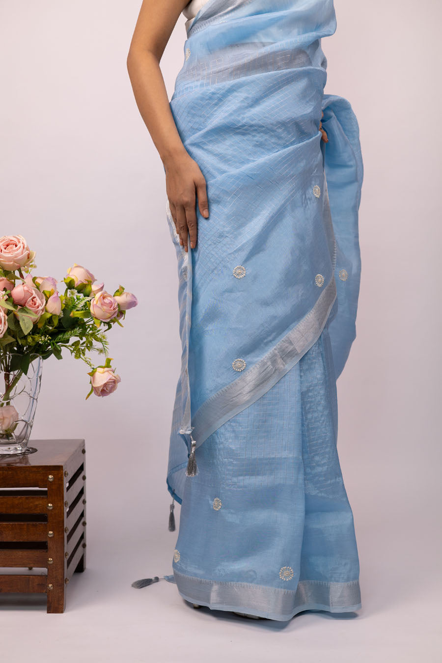 Vidushi | Blush Blue Mangalgiri Pattu Silk Chikankari Saree