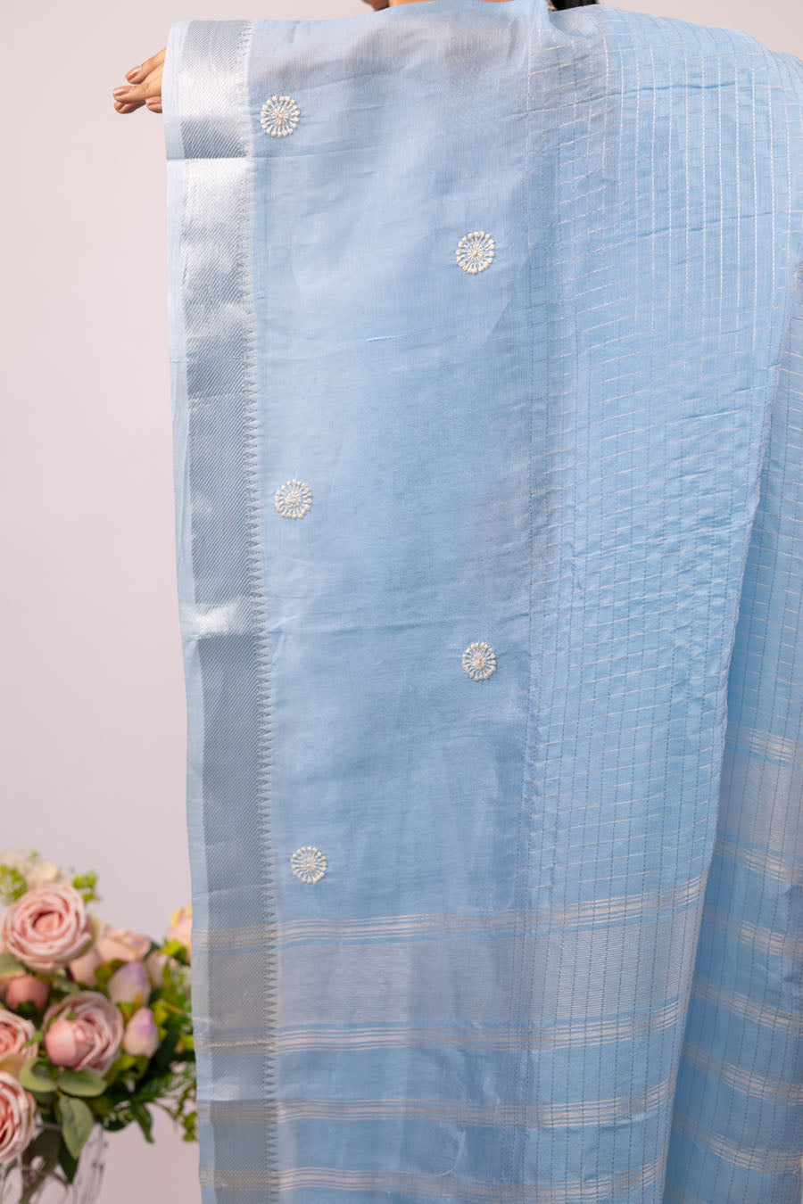 Vidushi | Blush Blue Mangalgiri Pattu Silk Chikankari Saree