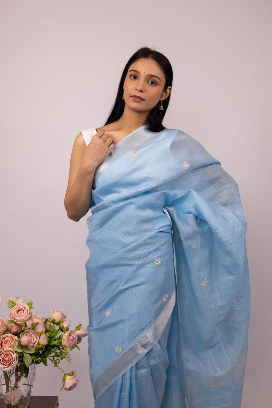 Vidushi | Blush Blue Mangalgiri Pattu Silk Chikankari Saree