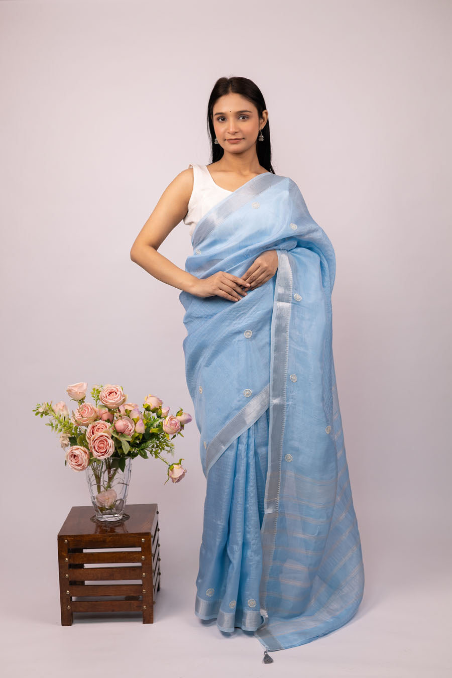 Mangalgiri Blue Saree with Chikankari perfect for everyday evenings