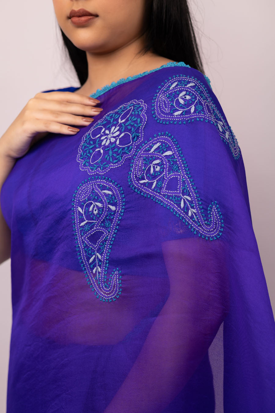 Urvashi | Cosmic Bule Organza Silk Chikankari Saree