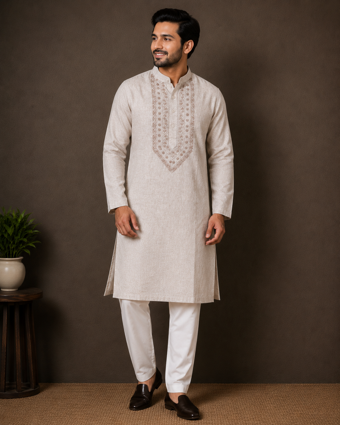 Mens Linen Chikankari Kurta