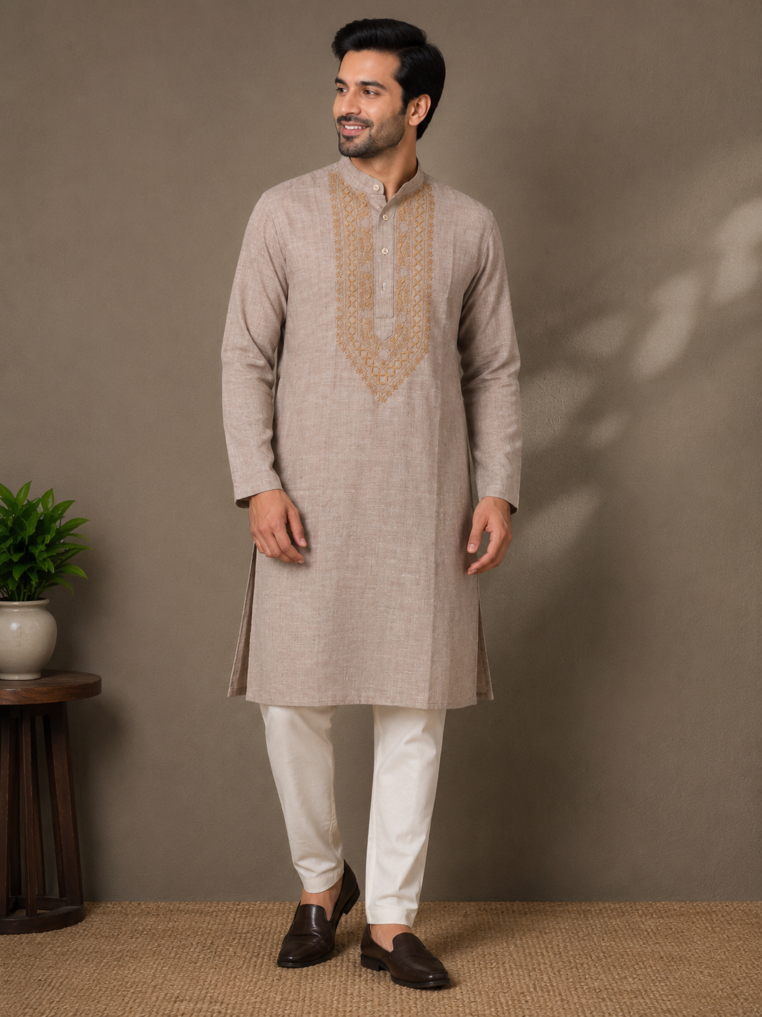Agastya | Matka Cotton Chikankari Long Kurta- Parchment Beige