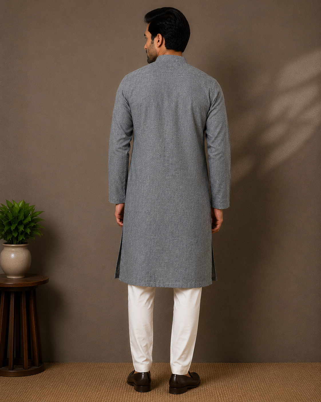 Agastya | Matka Cotton Chikankari Long Kurta- Steel Grey