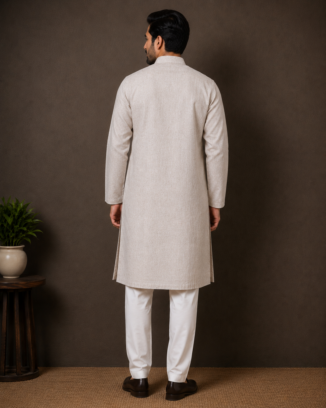 Agastya | Pure Linen Chikankari Long Kurta- Champagne Beige