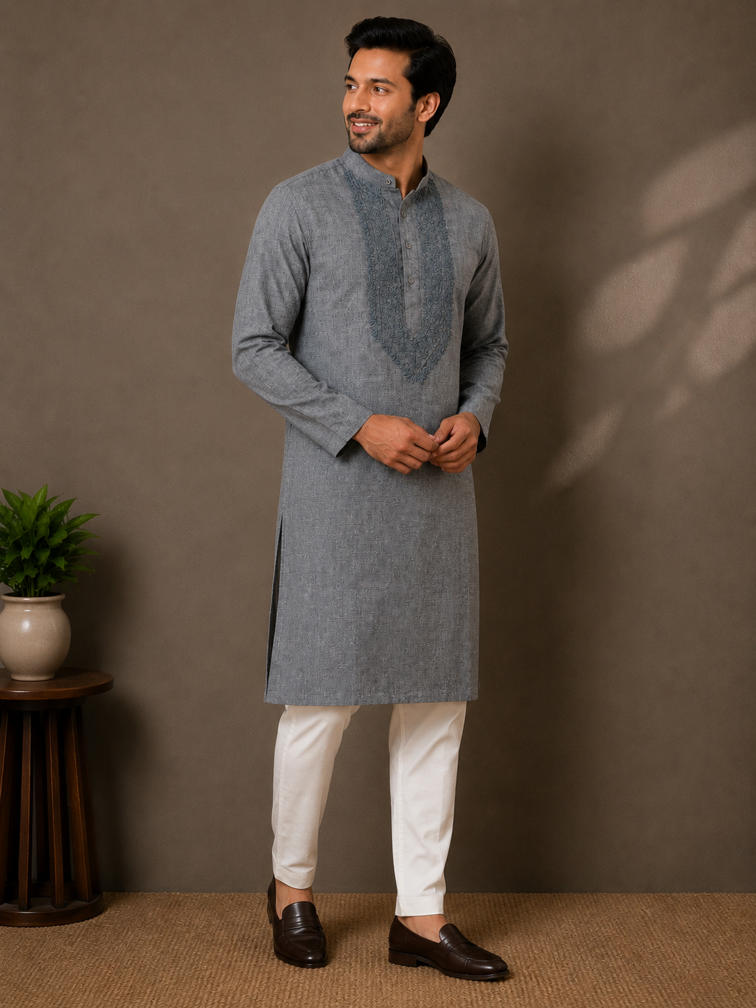 Agastya | Matka Cotton Chikankari Long Kurta- Steel Grey