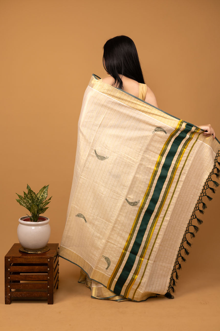 Chitralekha | Off white Green Onam  Pattu Silk Kasavu Border Chikankari Saree