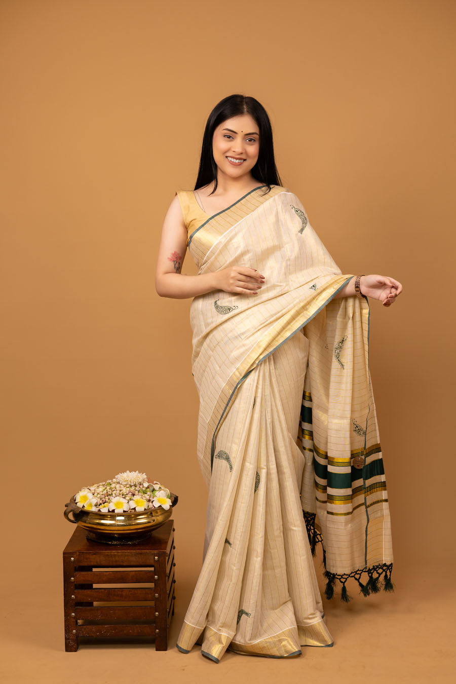 Chitralekha | Off white Green Onam  Pattu Silk Kasavu Border Chikankari Saree
