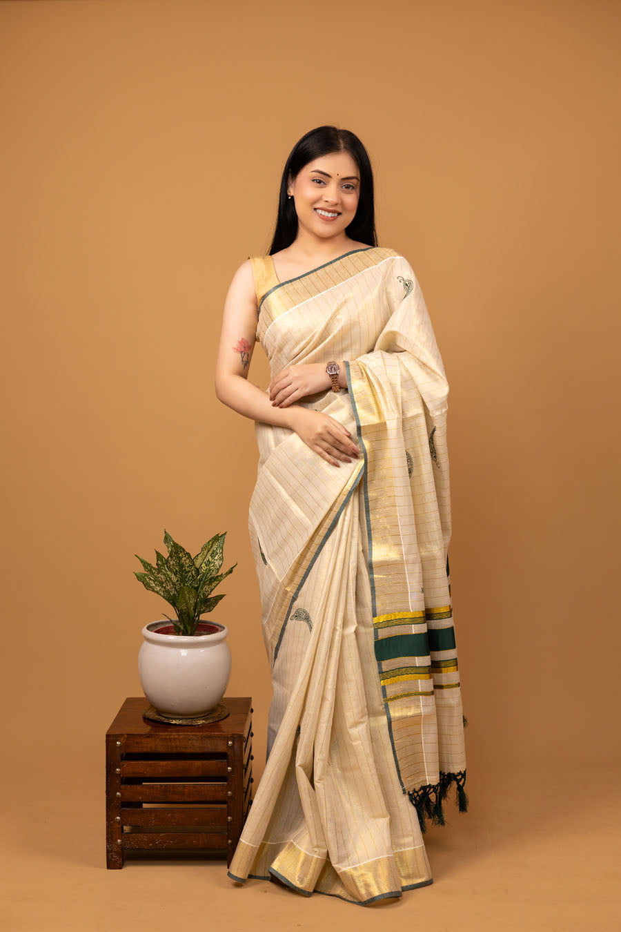 Onam special Pattu silk with chikankari embroidery