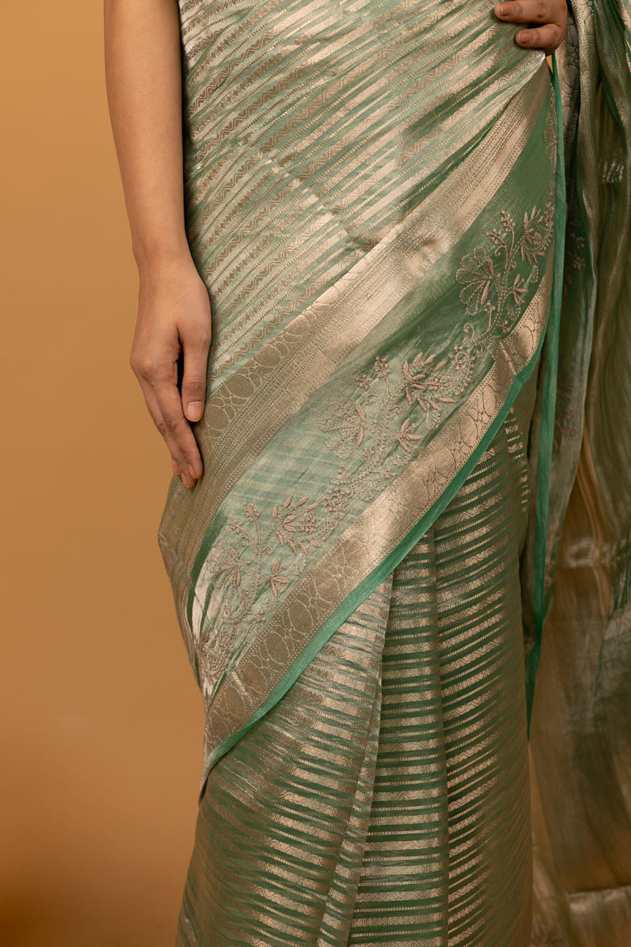 Chitralekha | Apple Green Benarsi Tissue Silk Chikankari Saree