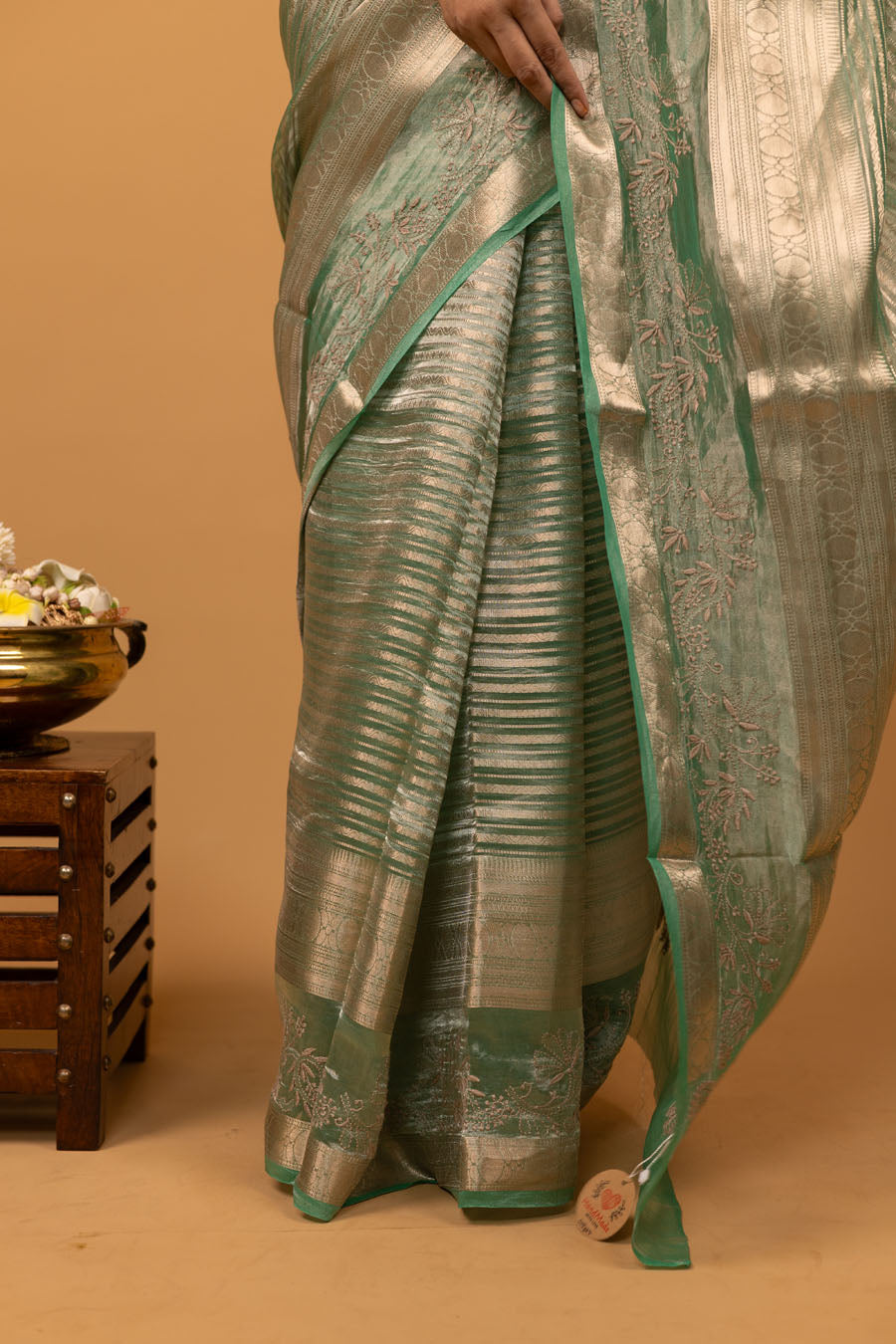 Chitralekha | Apple Green Benarsi Tissue Silk Chikankari Saree