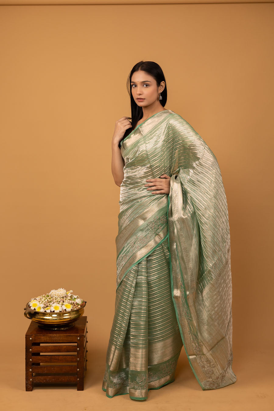 Apple green and antique silver brocade zari Benarsi saree in apple green colourperfect for weddings and festival drapes